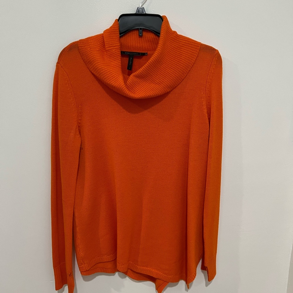Wool BCBG cowl neck, orange, women sweater size small like new.